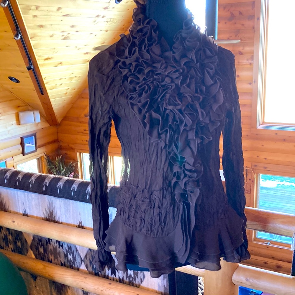 EUC Unique sheer chocolate brown ruffled blouse